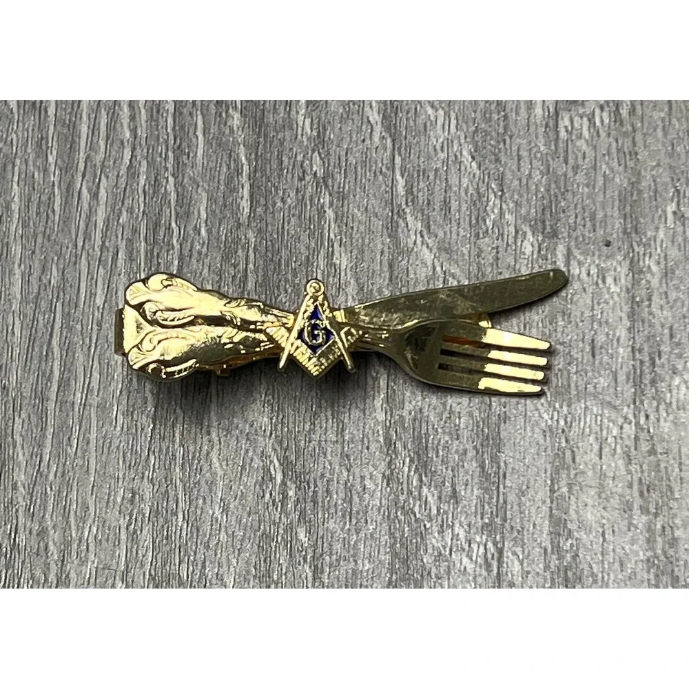 Masonic Square & Compass Tie Clasp Clip Gold Tone Fork Knife Dinner Theme‎ Men's